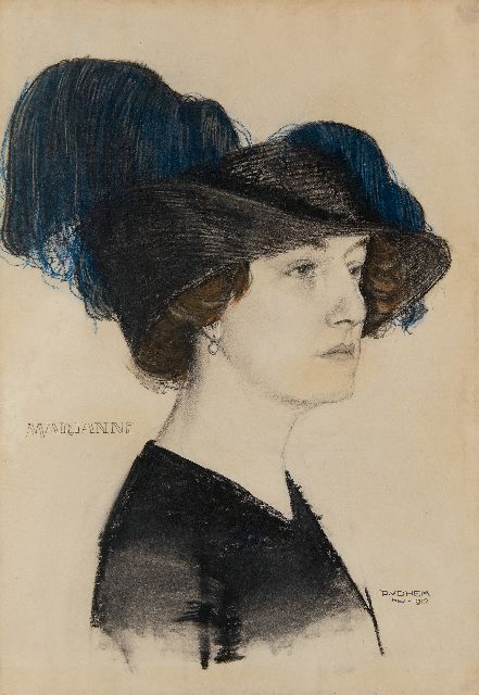 Piet van der Hem | Marianne mit modischem Hut, Kreide auf Papier, 54,0 x 39,3 cm, Unterzeichnet u.r. und datiert 'Mei' 1912