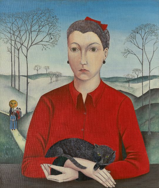 Matthäus D.  | Frau in roter Bluse mit Katze, Öl auf Leinwand 65,2 x 55,3 cm, Unterzeichnet im Verso und datiert im Verso 9 november 1964