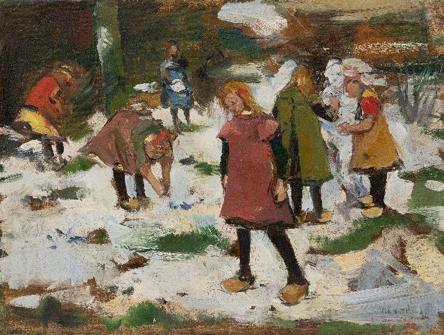 Willem Korteling | Spielende Kinder im Schnee, Öl auf Leinwand, 33,5 x 44,3 cm, Unterzeichnet u.r.