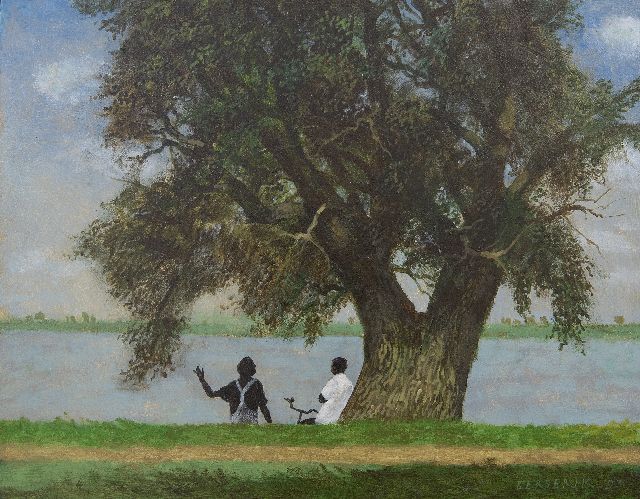 Herman Berserik | Gesprek aan de Waal (Gespräch am Fluss Waal), Acryl auf Tafel, 29,5 x 37,5 cm, Unterzeichnet u.r. und datiert '93