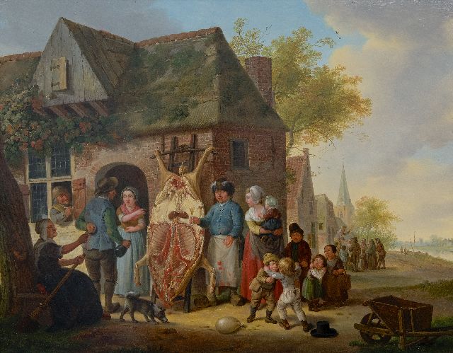 Cornelis van Cuylenburgh (II) | Dorfszene, nach dem Schlachten des Schweins, Öl auf Tafel, 49,7 x 64,0 cm, Unterzeichnet m.l. und datiert 1797
