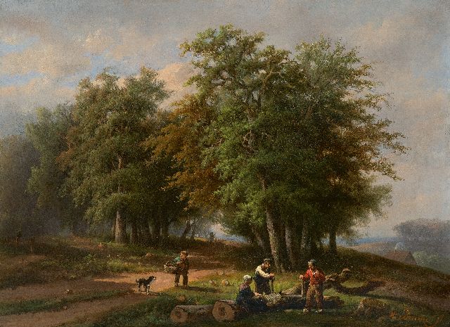 Adrianus Hendrikus de Bruïne | Holzfäller und andere Figuren auf einem Waldweg, Öl auf Leinwand, 35,8 x 47,9 cm, Unterzeichnet u.r.