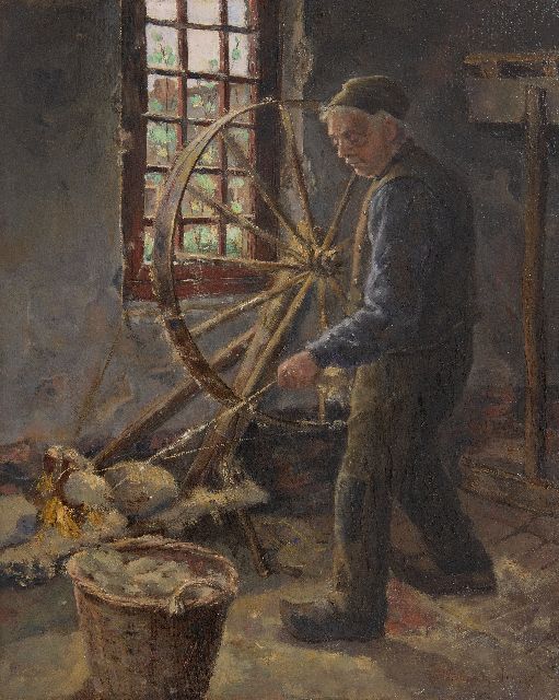 Jaarsma P.  | Wolle spinnen, Öl auf Leinwand 40,4 x 32,6 cm, Unterzeichnet u.r.