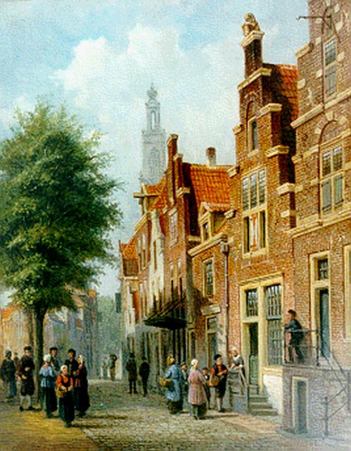 Henry Bosch | Figures in a sunlit street, Amersfoort, Öl auf Holz, 30,0 x 23,3 cm, signed l.r.