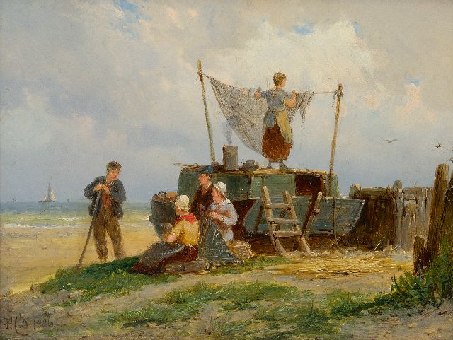 Pieter Cornelis  Dommershuijzen | Trocknen der Fischernetze, Öl auf Holz, 15,0 x 20,2 cm, Unterzeichnet l.u. mit Initialen und datiert 1886