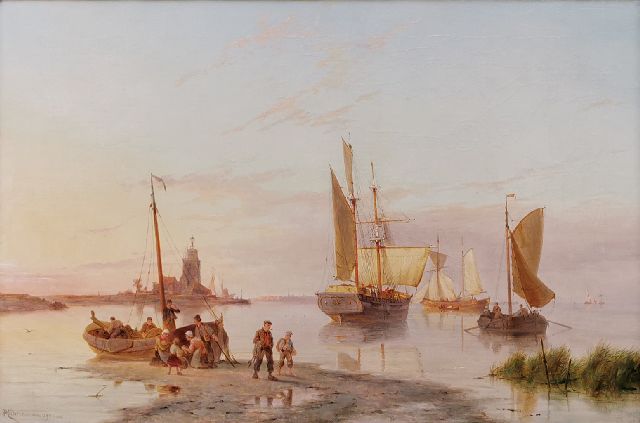 Pieter Cornelis  Dommershuijzen | Schiffe in einem ruhigen Wind an einer Hafeneinfahrt, Öl auf Leinwand, 50,8 x 76,8 cm, Unterzeichnet u.l. und datiert 1901