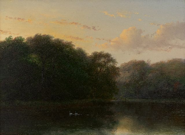 Andreas Schelfhout | Zwei Schwäne im Teich im Haagse Bos, Öl auf Holz, 24,0 x 32,6 cm, Unterzeichnet u.l.