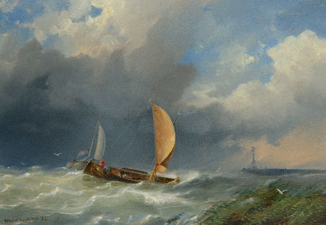 Hermanus Koekkoek jr. | Schiffe im Sturm an einer Hafeneinfahrt, Öl auf Holz, 21,1 x 30,3 cm, Unterzeichnet u.l. und datiert '56