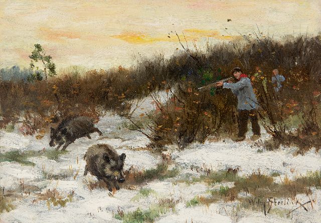 Willem Steelink jr. | Wildschweinjagd im Schnee, Öl auf Tafel, 19,8 x 28,0 cm, Unterzeichnet u.r.
