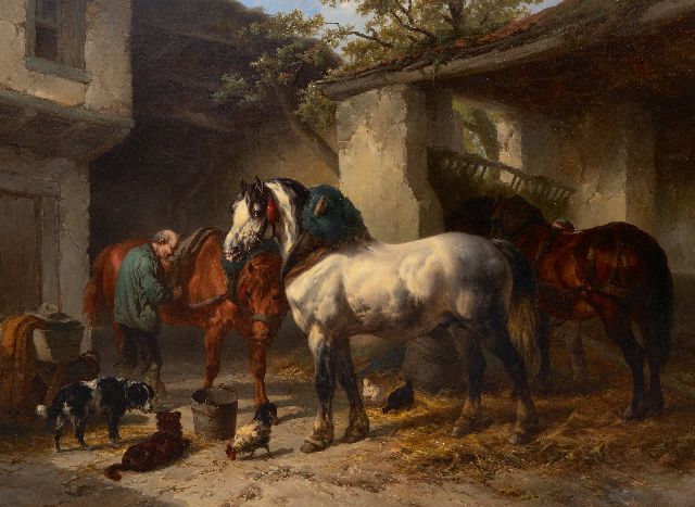 Wouterus Verschuur | Pferde beim Stall, Öl auf Leinwand, 76,3 x 106,2 cm, Unterzeichnet u.l.