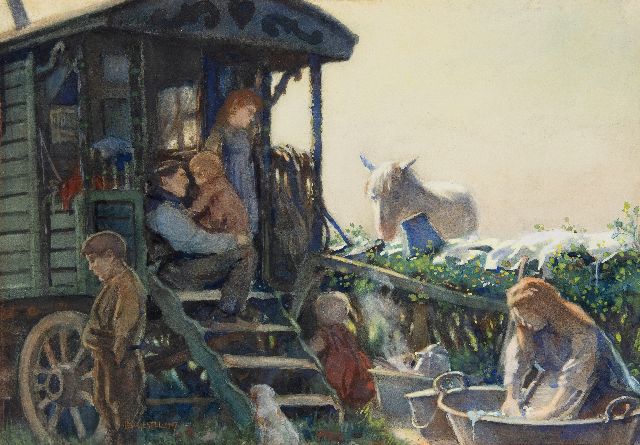 Leo Gestel | Wohnwagenfamilie, Aquarell auf Papier, 36,0 x 53,0 cm, Unterzeichnet u.l. und datiert 1907