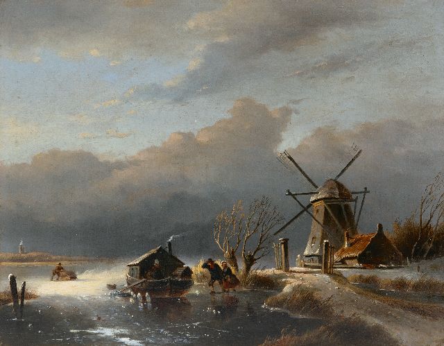 Matthias Parré | Winterlandschaft mit figuren und festgefrorenem Schiff, Öl auf Tafel, 35,4 x 44,9 cm