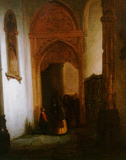 Tetar van Elven J.B.  | Two figures in a church interior, Öl auf Holz 50,2 x 38,8 cm, signed l.l.