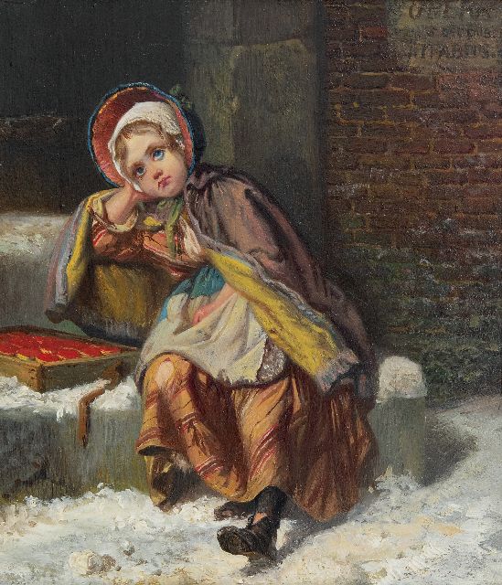 Jan Fabius | Mädchen, Streichhölzer verkaufend im Schnee, Öl auf Tafel, 21,7 x 18,9 cm, Unterzeichnet o.r.
