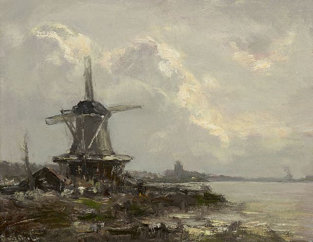 Louis Apol | Eine Windmühle am Fluss Vliet, Öl auf Leinwand, 25,3 x 32,5 cm, Unterzeichnet l.u.