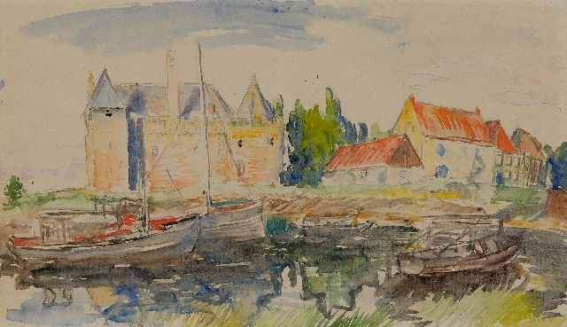 Dijkstra J.  | Blick auf Schloss Radboud in Medemblik, Aquarell auf Papier 38,0 x 66,0 cm