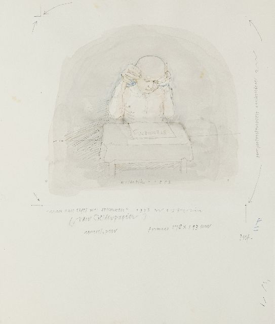 Co Westerik | Mann am Tisch mit Stimmen, Bleistift, Tinte und Aquarell auf Papier, 32,5 x 26,5 cm, Unterzeichnet u.m. und datiert 1993