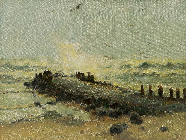 Evert Moll | Wellenbrechter im Sturm, Öl auf Leinwand, 39,0 x 51,4 cm, Unterzeichnet u.r.