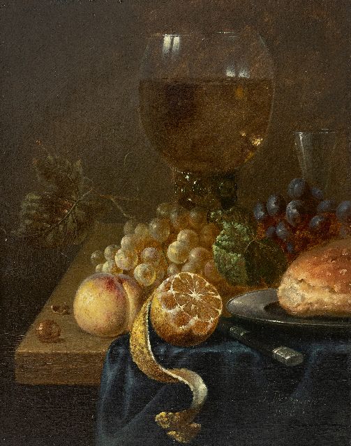 Delehaye J.  | Stilleben mit Rummer. Trauben, Zitron und Zinnteller, Öl auf Leinwand 26,9 x 21,2 cm, Unterzeichnet u.r. und datiert 1880