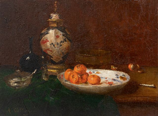 Antoine Vollon | Stilleben mit Mandarinen und Imari Deckelvase, Öl auf Tafel, 26,6 x 35,1 cm, Unterzeichnet u.l.