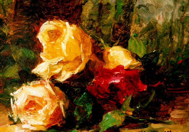Hubert Bellis | Roses on a forest path, Öl auf Holz, 18,8 x 24,4 cm, signed l.r.