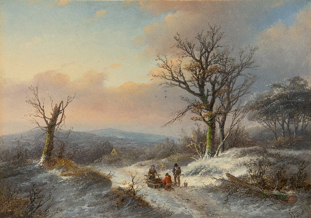 Jan Jacob Spohler | Winterlandschaf met Holzsammlern, Öl auf Tafel, 23,0 x 33,0 cm, Unterzeichnet u.r.