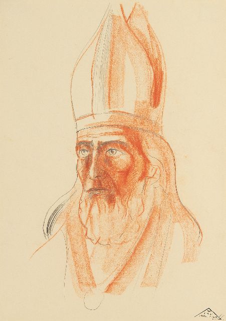 Lodewijk Schelfhout | Porträt eines Heiligen mit Mitra, Bleistift und Kreide auf Papier, 34,0 x 20,0 cm