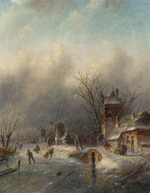 Jacob Jan Coenraad Spohler | Skater auf dem Eis bei näherendem Schneesturm, Öl auf Leinwand, 44,3 x 34,9 cm, Unterzeichnet u.r.
