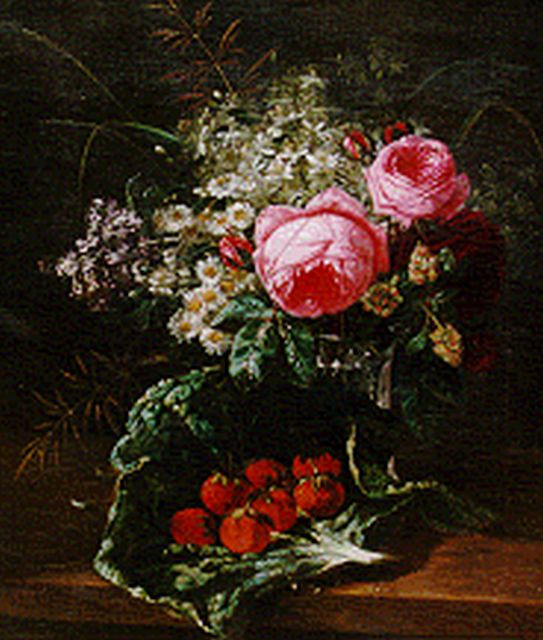 François Huygens | A still life with peonies and strawberries, Öl auf Leinwand, 50,7 x 44,0 cm, signed l.r.