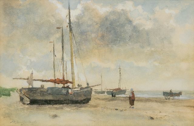 Jan Hendrik Weissenbruch | 'Bomschiffe' auf dem Strand, Aquarell auf Papier, 32,8 x 49,6 cm, Unterzeichnet u.l.