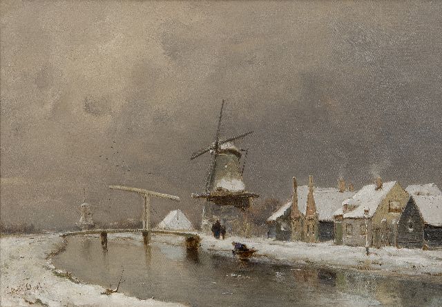 Louis Apol | Winteransicht eines Dorfes am einem Fluss, Öl auf Leinwand, 35,3 x 50,2 cm, Unterzeichnet u.l.