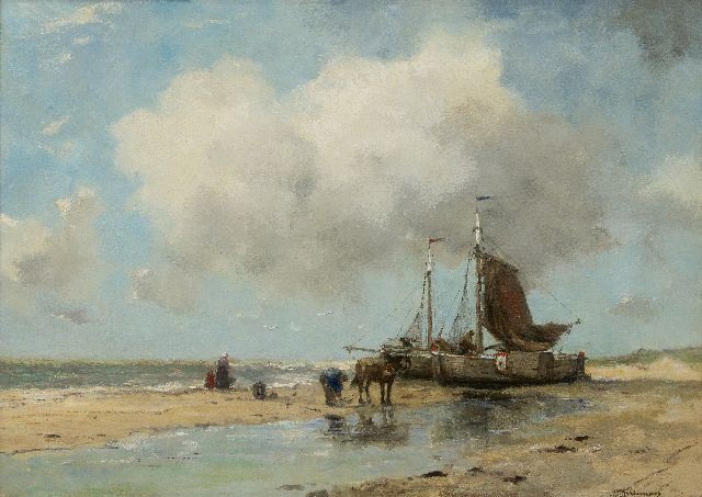 Johan Frederik Cornelis Scherrewitz | 'Bomschiffe' am Strand, Öl auf Leinwand, 59,8 x 84,2 cm, Unterzeichnet u.r.