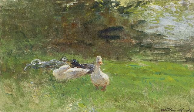 Willem Maris | Enten im Gras, Aquarell auf Papier, 16,4 x 28,4 cm, Unterzeichnet u.r. und zu datieren um 1880-1890