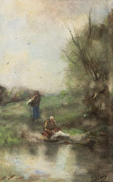Jacob Maris | Wäscherinnen am Fluss, Aquarell auf Papier, 38,8 x 24,5 cm, Unterzeichnet u.r. und zu datieren um 1888-1889