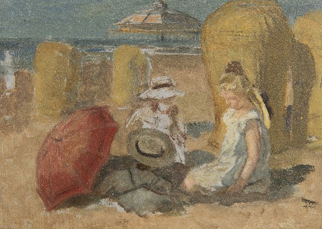 Johan Antoni de Jonge | Kinder am Strand von Scheveningen, Öl auf Malereifaser, 16,0 x 22,0 cm