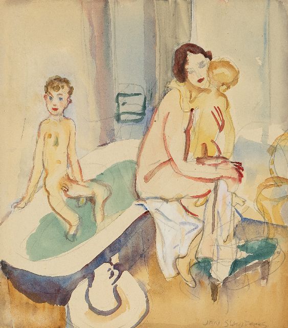 Jan Sluijters | Das Badezimmer (die Frau des Künstlers mit Liesje und Jan jr.), Bleistift und Aquarell auf Papier, 21,7 x 19,4 cm, Unterzeichnet u.r. und zu datieren um 1949