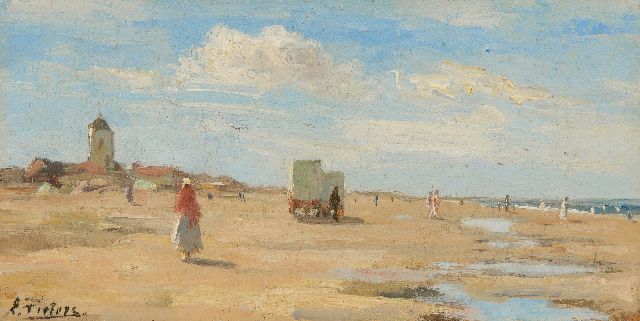 Pieters E.  | Sonniger Tag am Strand von Katwijk, Öl auf Holz 13,4 x 26,2 cm, Unterzeichnet u.l.