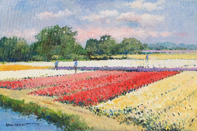 Adriaan van Noort | Drei Männer bei der Arbeit in den Blumenfeldern, Öl auf Leinwand, 40,3 x 60,3 cm, Unterzeichnet u.l.