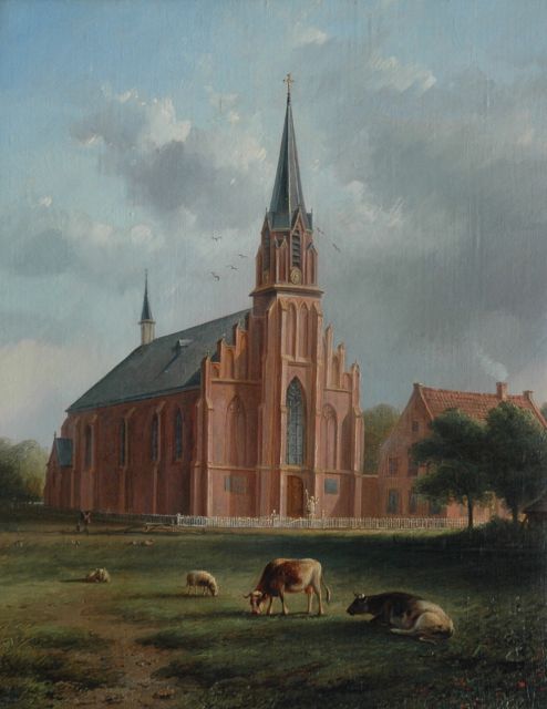 Berge B.G. ten | Grazing cattle near the former Catholic church of Egmond, Öl auf Leinwand 48,3 x 39,0 cm, signed c.r.