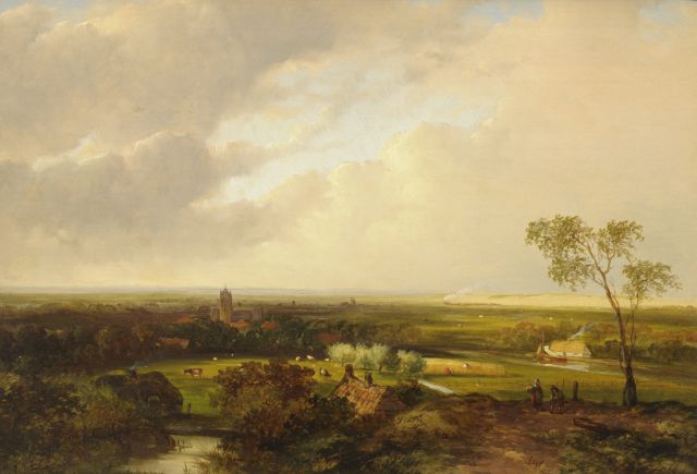 Jan Evert Morel II | Panoramische Sommerlandschaft mit Dampfeisenbahn, Öl auf Holz, 24,8 x 35,8 cm, Unterzeichnet u.r.