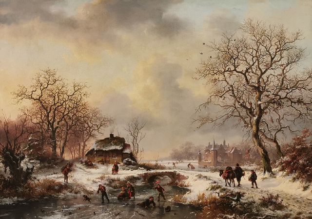 Frederik Marinus Kruseman | Winterszene mit Wanderer und  Schlittschuhläufer, Öl auf Leinwand, 52,4 x 72,5 cm, Unterzeichnet u.r. und datiert 1861