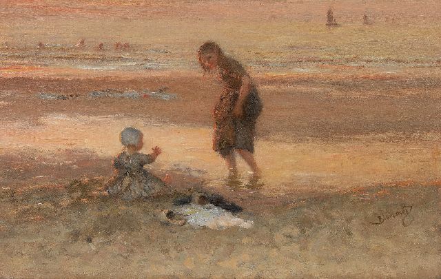 Bernard Blommers | Kinder am Strand bei Ebbe, Öl auf Leinwand, 45,2 x 71,1 cm, Unterzeichnet u.r.