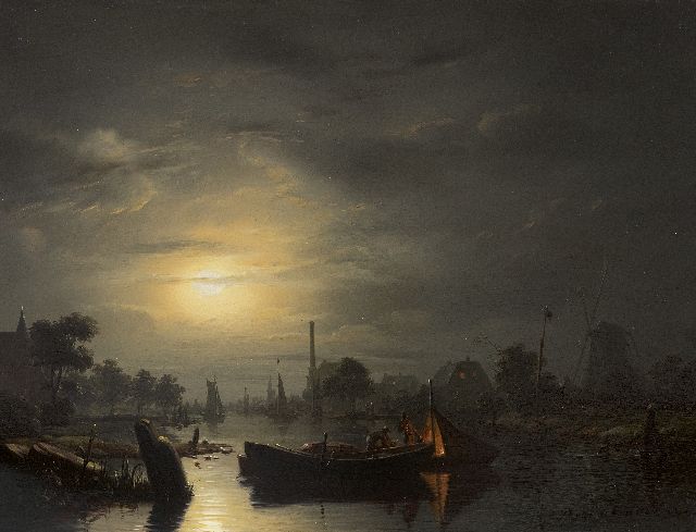 Petrus van Schendel | Flusslandschaft im Mondlicht bei Den Haag, Öl auf Holz, 33,3 x 43,4 cm, Unterzeichnet u.r. und datiert 1846