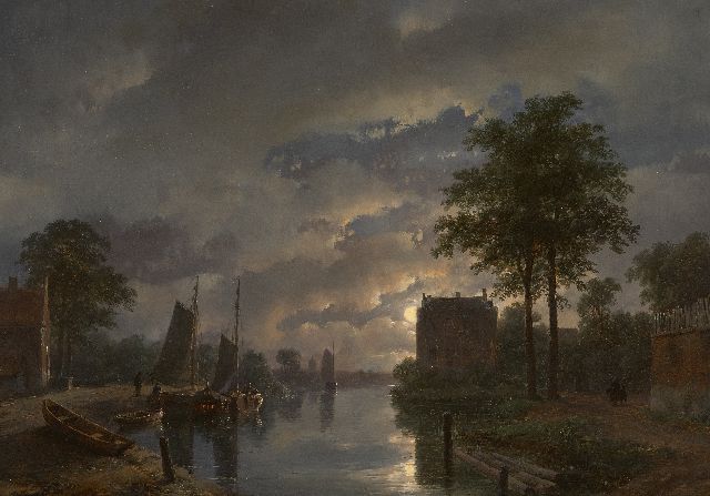 Andreas Schelfhout | Fluss im Mondlicht, Öl auf Tafel, 32,5 x 45,9 cm, Unterzeichnet u.r. und datiert '57