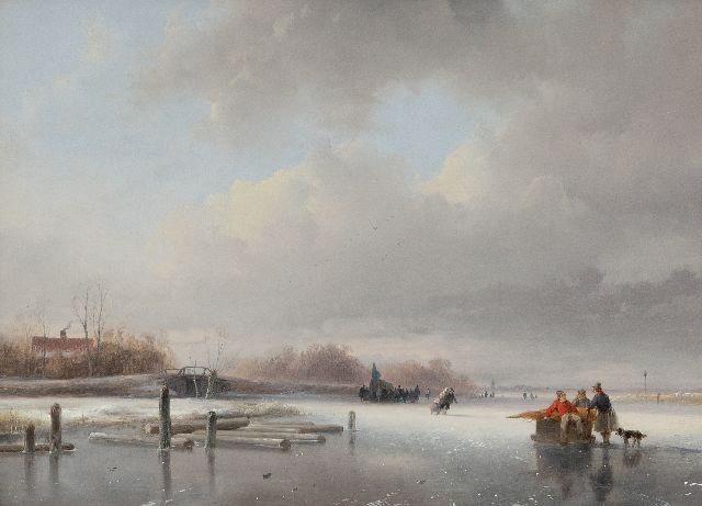 Andreas Schelfhout | Zugefrorener Fluss mit Schlittschuhläufern und einer 'Koek-en-Zopie'- Bude, Öl auf Holz, 29,5 x 39,7 cm, Unterzeichnet u.l. und datiert um 1832-1834