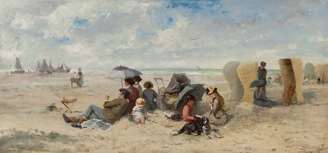 Johannes Marius ten Kate | Familientag am Scheveninger Strand, Öl auf Holz, 33,3 x 69,2 cm, Unterzeichnet r.u.