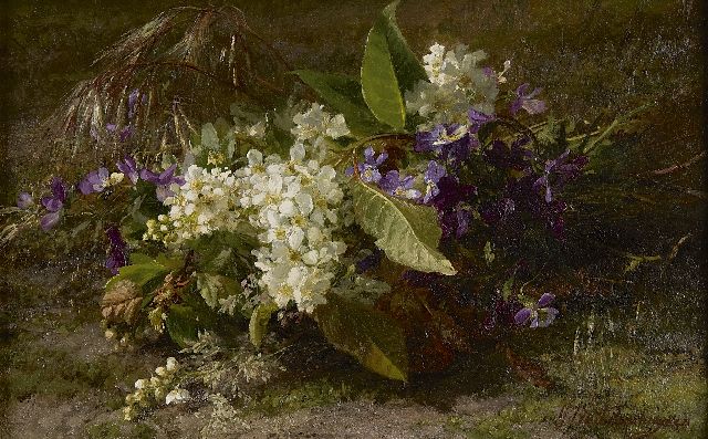 Sande Bakhuyzen G.J. van de | Strauss mit Blütenzweigen und Veilchen am Waldboden, Öl auf Holz 22,9 x 36,3 cm, Unterzeichnet r.u.