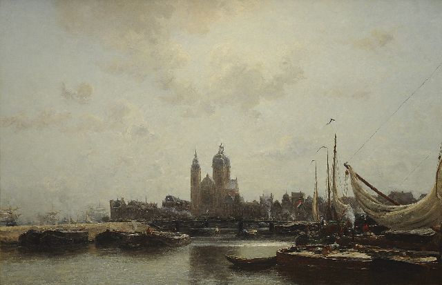 Wijsmuller J.H.  | Amsterdamer Hafenblick mit der St. Nicolaaskerk, Öl auf Leinwand 99,5 x 149,8 cm, Unterzeichnet r.u.