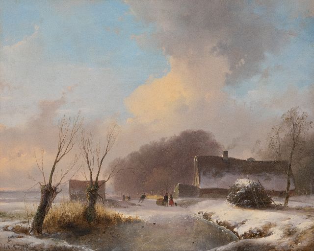 Andreas Schelfhout | Winterszene mit nahendem Schneesturm, Öl auf Tafel, 29,7 x 36,7 cm, Unterzeichnet l.u. und zu datieren um 1833