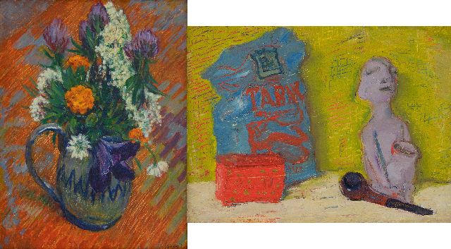 Johan Dijkstra | Blumen; verso: Stilleben mit Tabak und Pfeife, Wachsfarbe auf Leinwand, 40,5 x 30,0 cm, Unterzeichnet u.r. und zu datieren ca. 1930